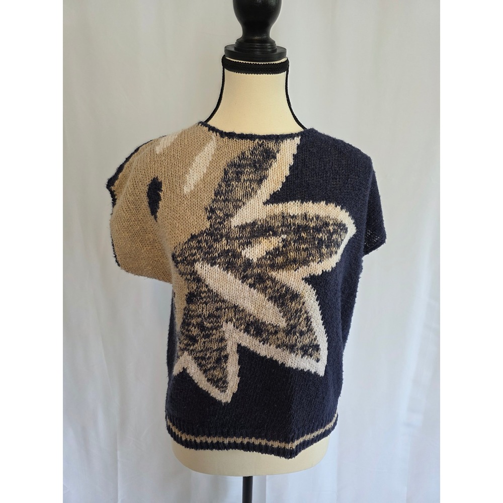 Worthington Women's Navy Blue Knit‎ Sweater Top Leaf Design Size L